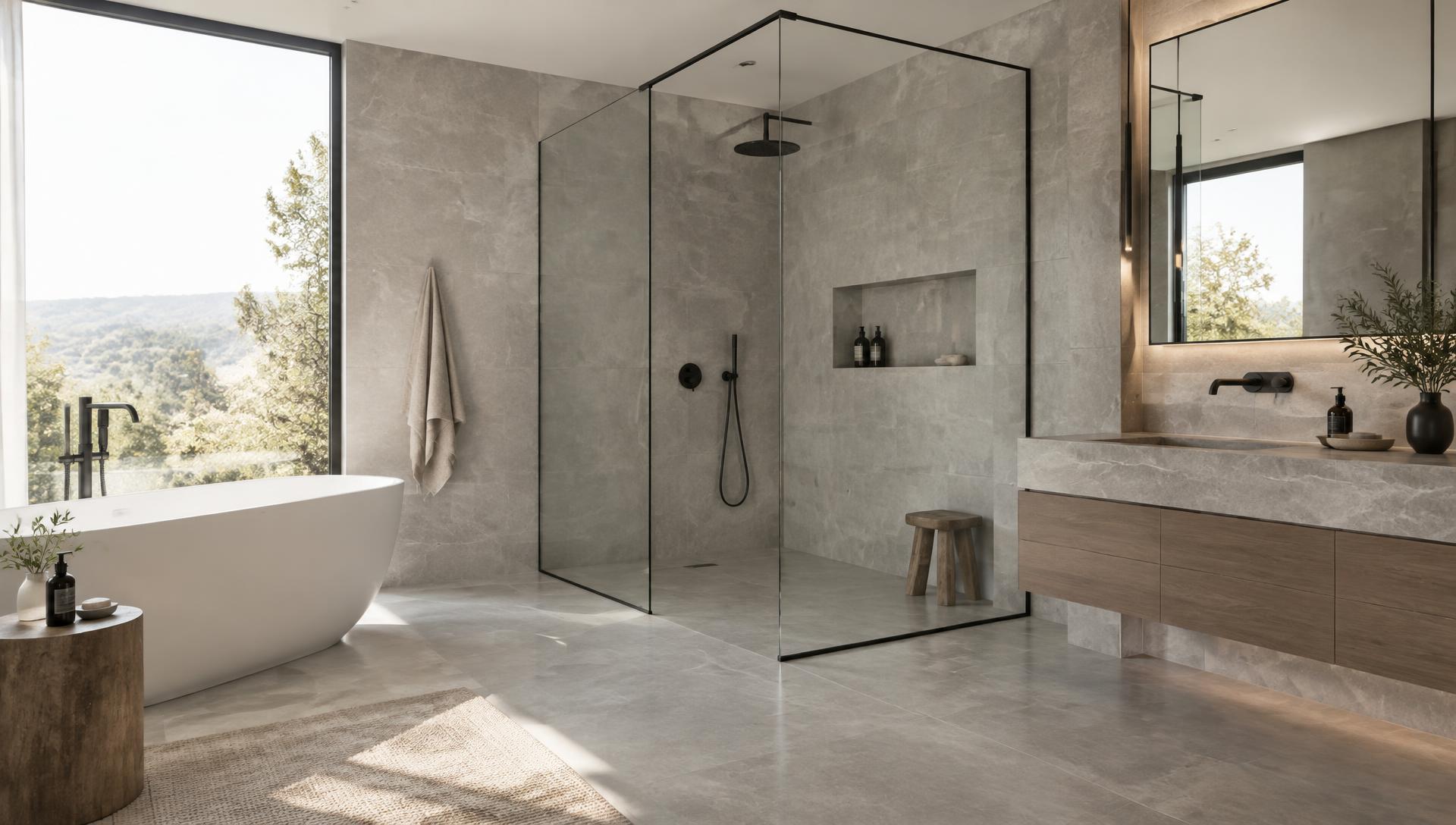 Çerçevesiz cam duşakabinli modern banyo